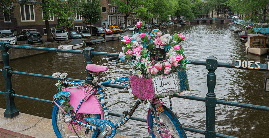 fiets met bloemen op amsterdamse gracht